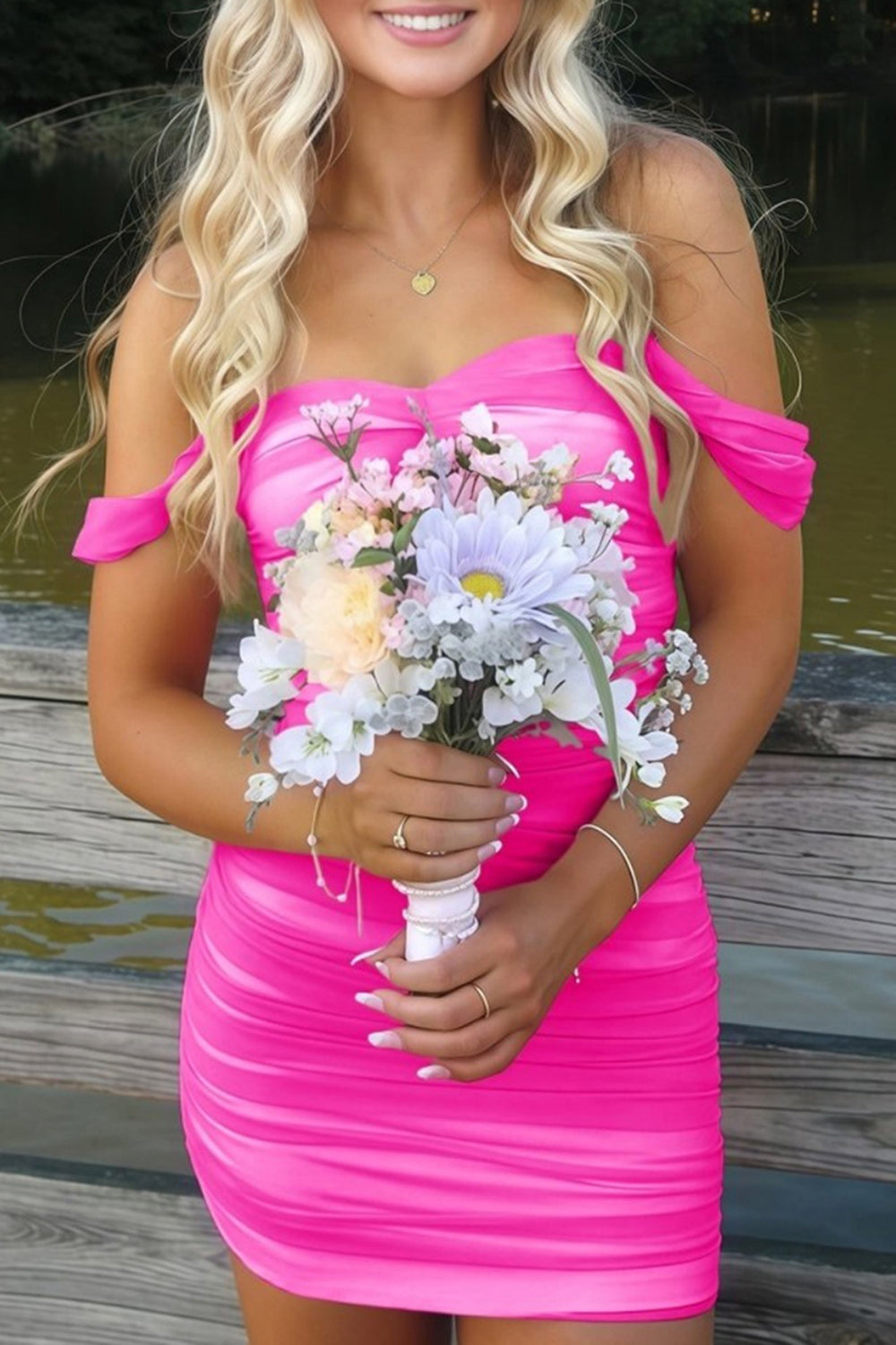 Fuchsia Bodycon Off the Shoulder Ruched Mini Party Dress