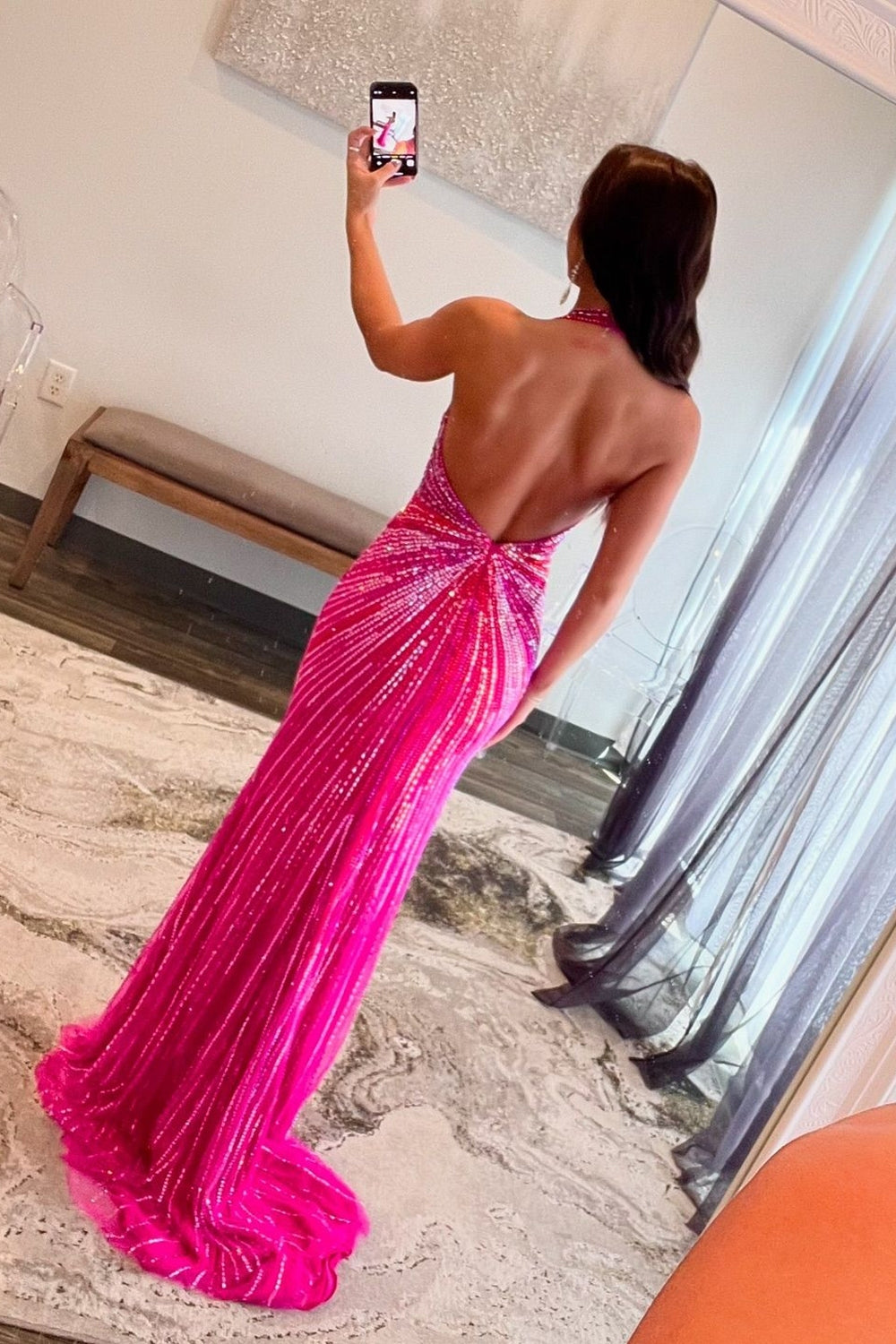 Fuchsia Halter Deep V-Neck All-Over Rhinestone Beading Sequined Mermaid Prom Dress Open Back Side Slit Sweep Train
