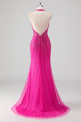 Fuchsia Halter Deep V-Neck All-Over Rhinestone Beading Sequined Mermaid Prom Dress Open Back Side Slit Sweep Train