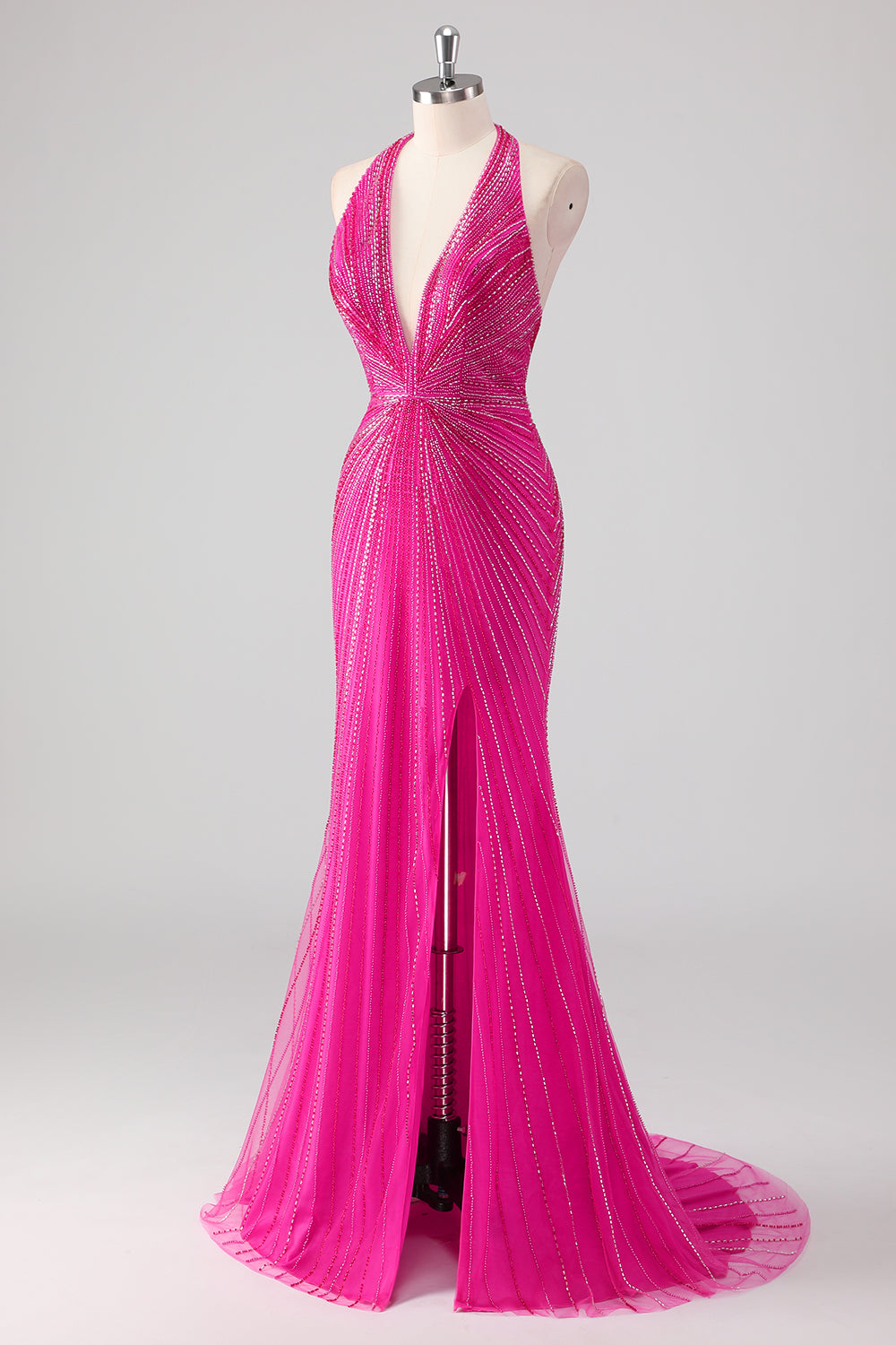 Fuchsia Halter Deep V-Neck All-Over Rhinestone Beading Sequined Mermaid Prom Dress Open Back Side Slit Sweep Train
