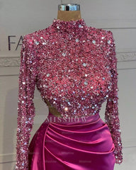 Fuchsia High Neck Long Sleeve Beaded Mermaid Satin Split Floor Length Formal Evening Gown