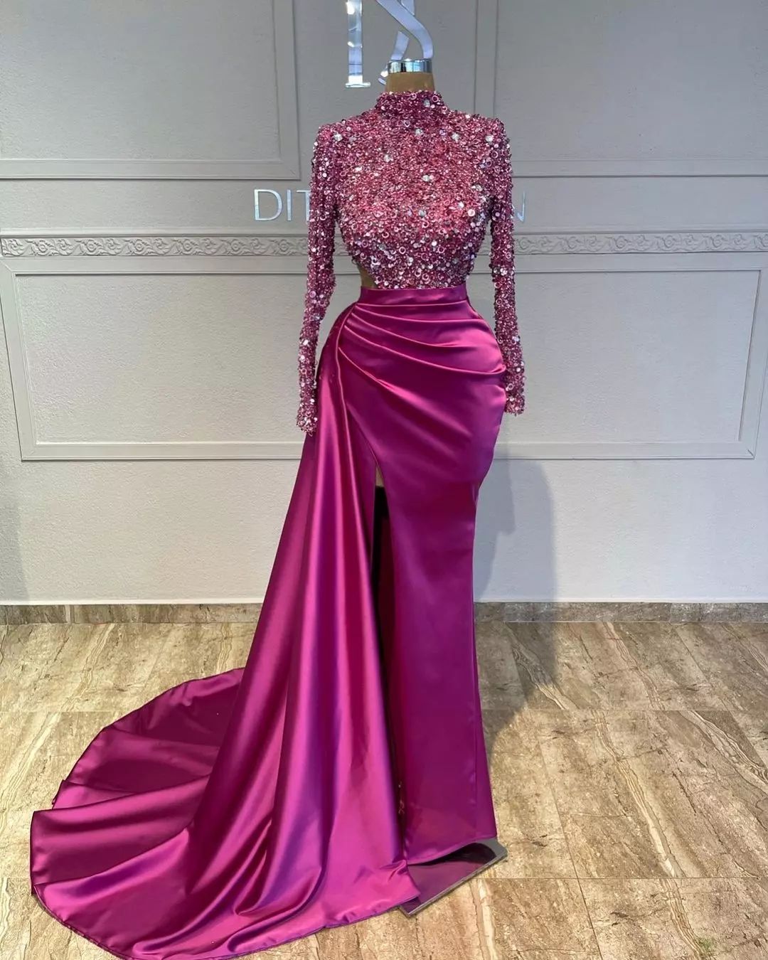 Fuchsia High Neck Long Sleeve Beaded Mermaid Satin Split Floor Length Formal Evening Gown