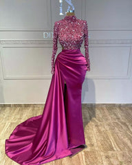 Fuchsia High Neck Long Sleeve Beaded Mermaid Satin Split Floor Length Formal Evening Gown
