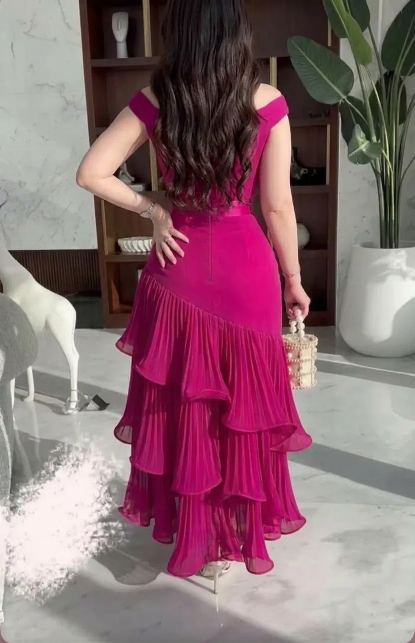 Fuchsia Off-the-Shoulder Sleeveless Mermaid Chiffon Ruffled Tea Length Formal Dress