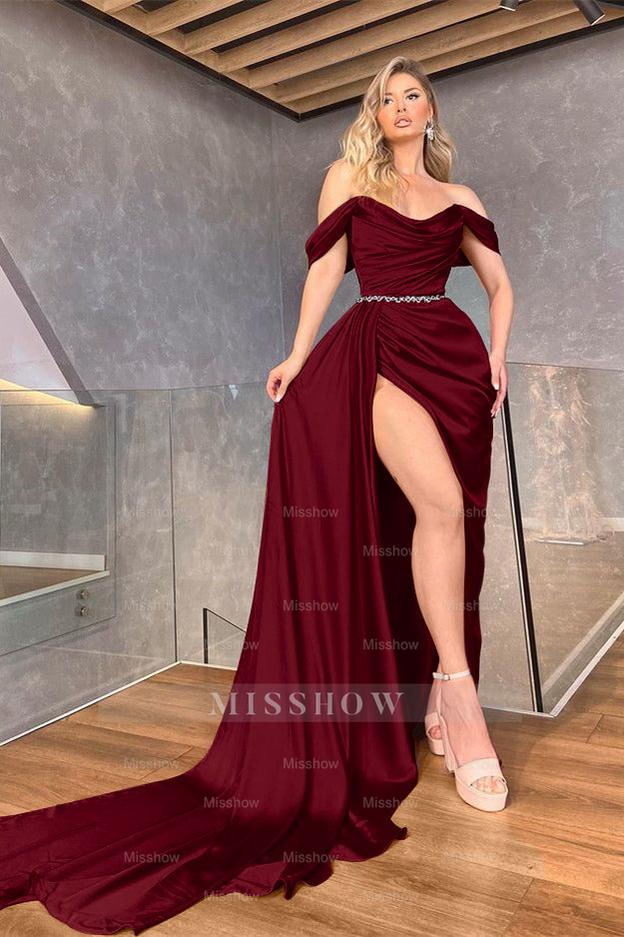 Fuchsia Off the Shoulder Sleeveless Pleated Long Split Formal Dress With Belt