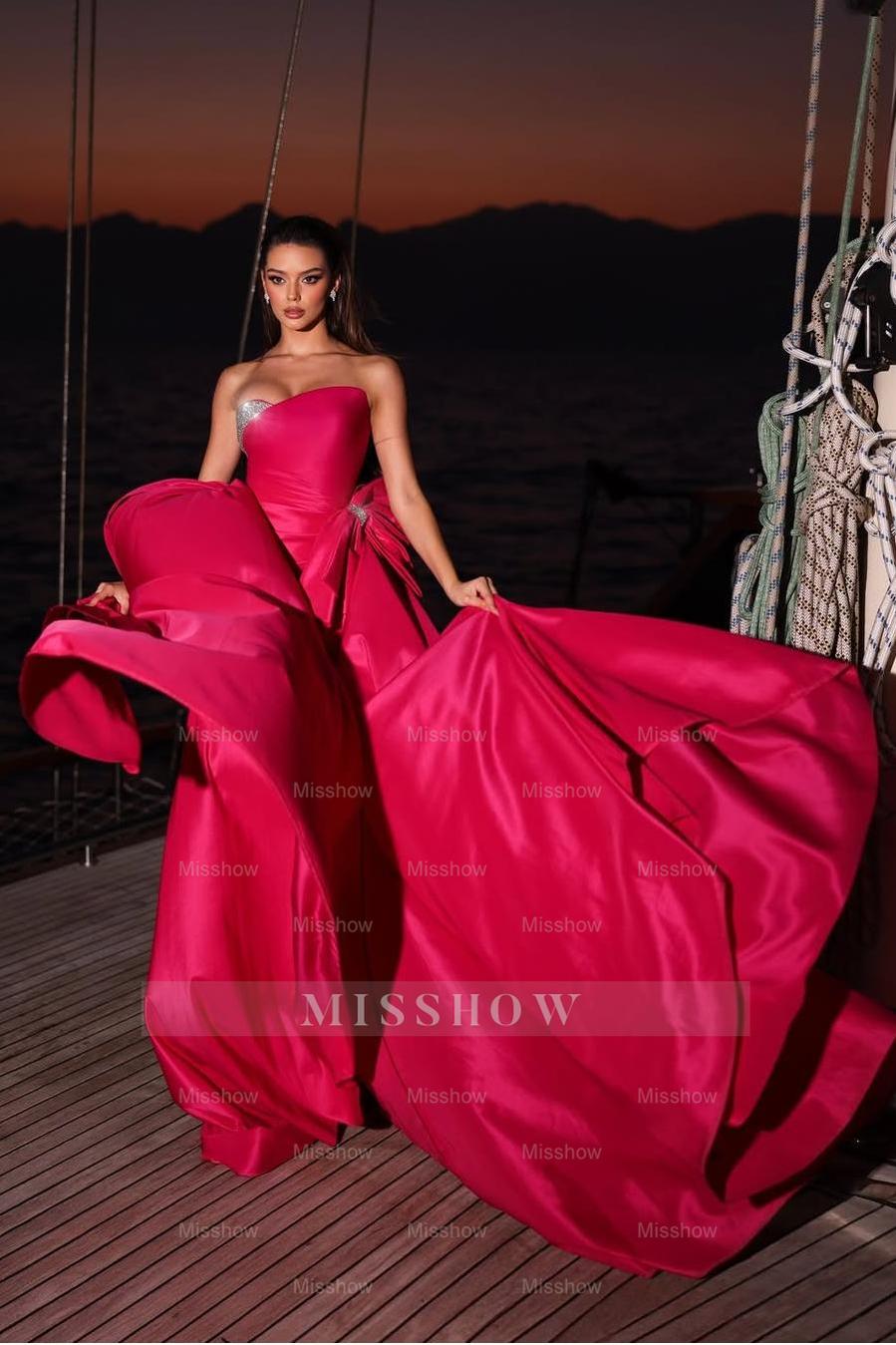 Fuchsia Sleeveless Strapless Long Formal Dress With Pleated Beading