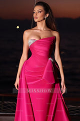 Fuchsia Sleeveless Strapless Long Formal Dress With Pleated Beading