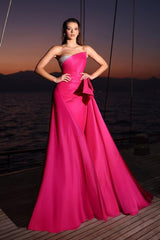 Fuchsia Sleeveless Strapless Long Formal Dress With Pleated Beading