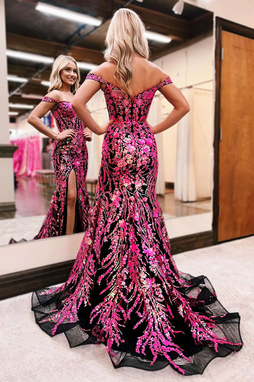 Fuchsia Sparkle Off-Shoulder Tiered Long Prom Dress with Sequins
