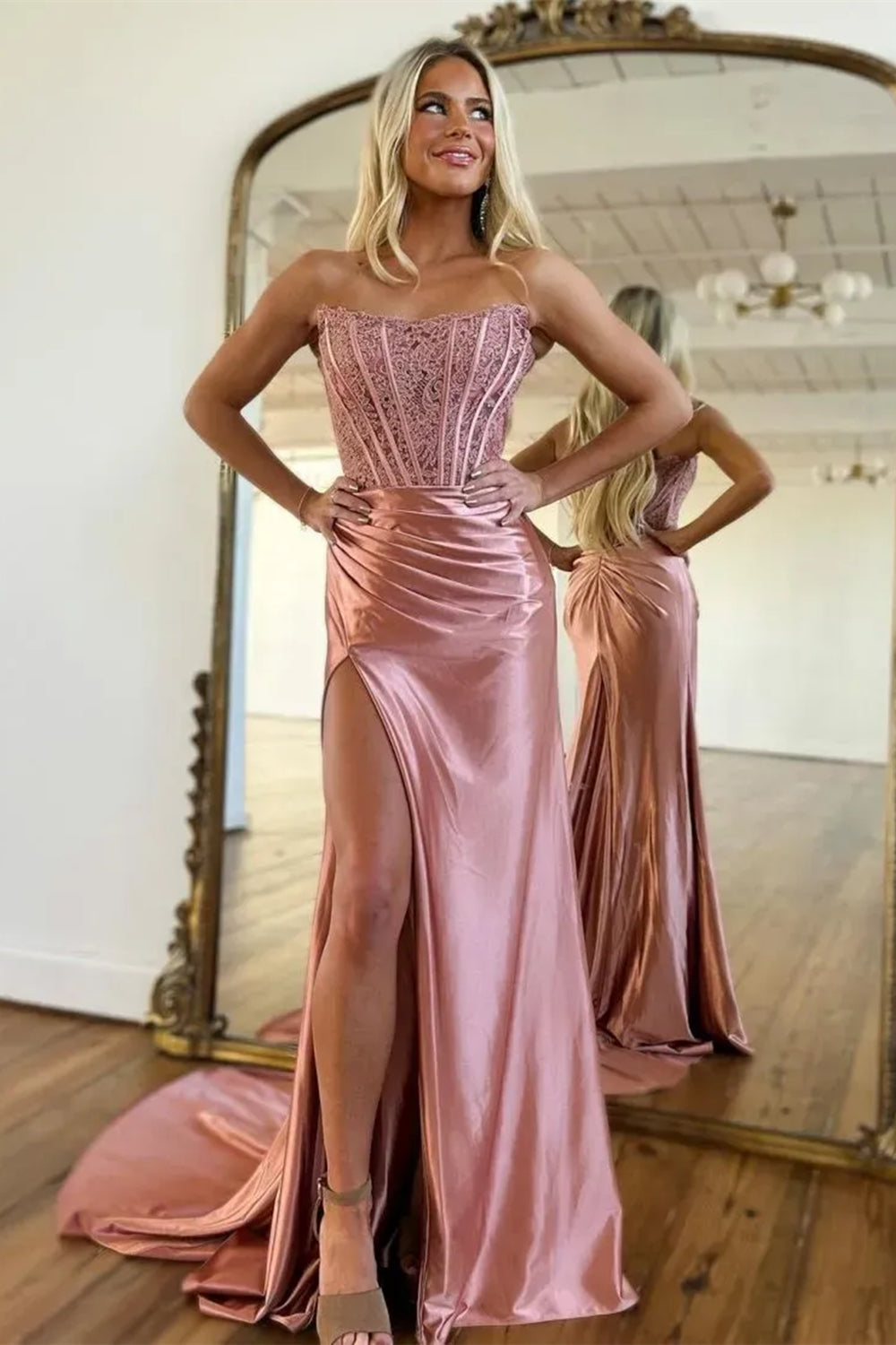 Fuchsia strapless applique mermaid prom dress