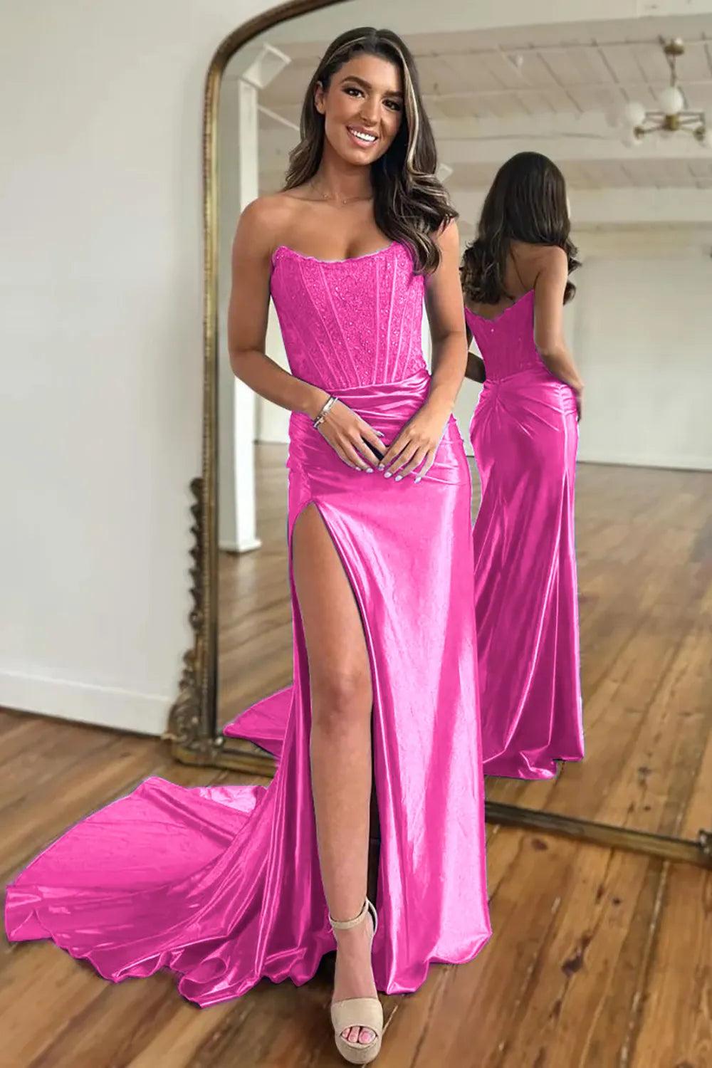 Fuchsia strapless applique mermaid prom dress