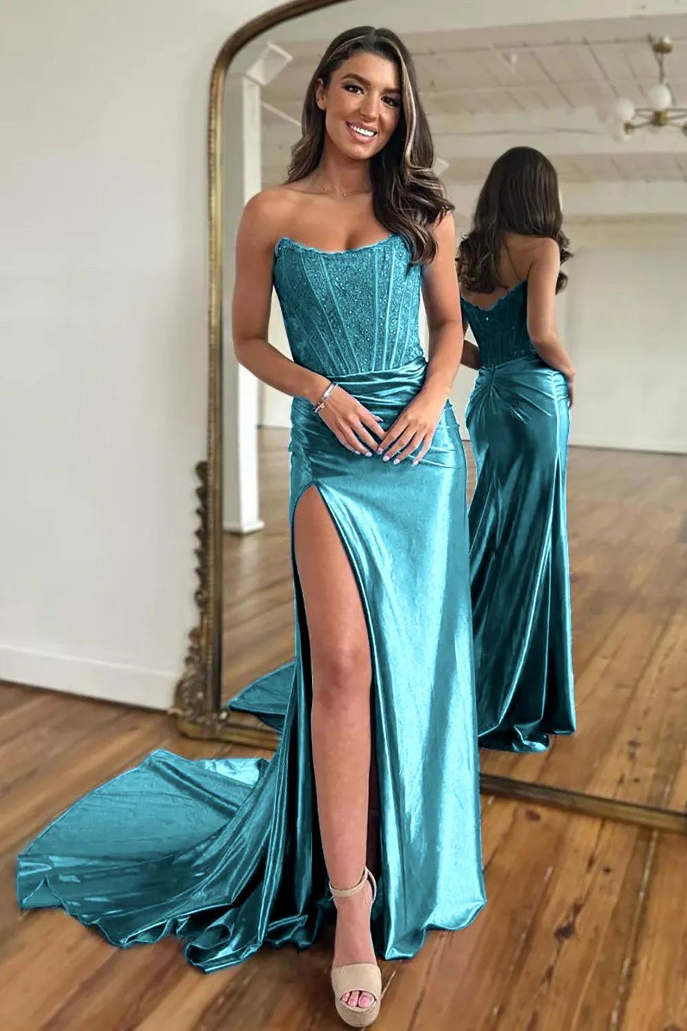 Fuchsia strapless applique mermaid prom dress
