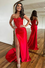 Red strapless applique mermaid prom dress