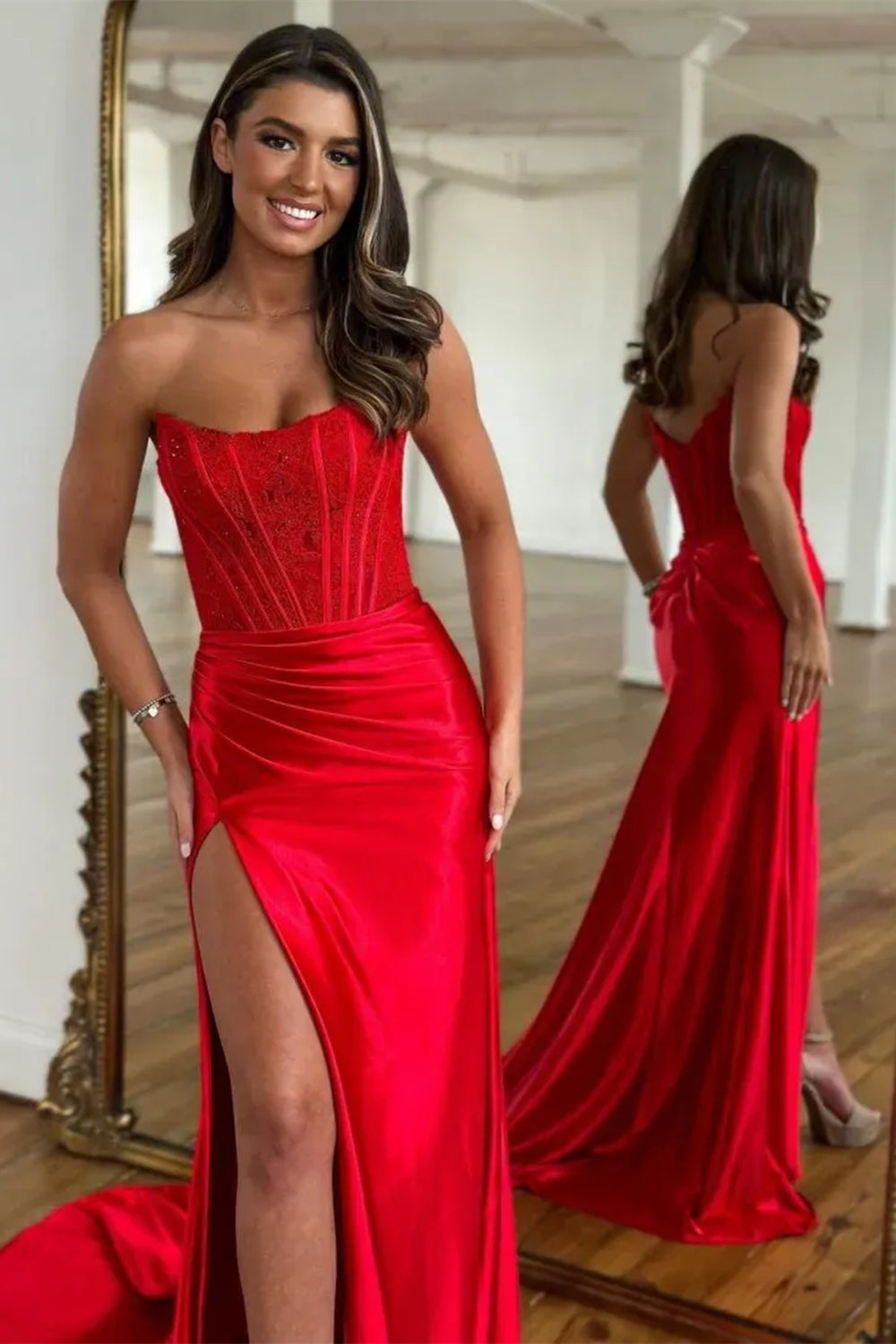 Red strapless applique mermaid prom dress