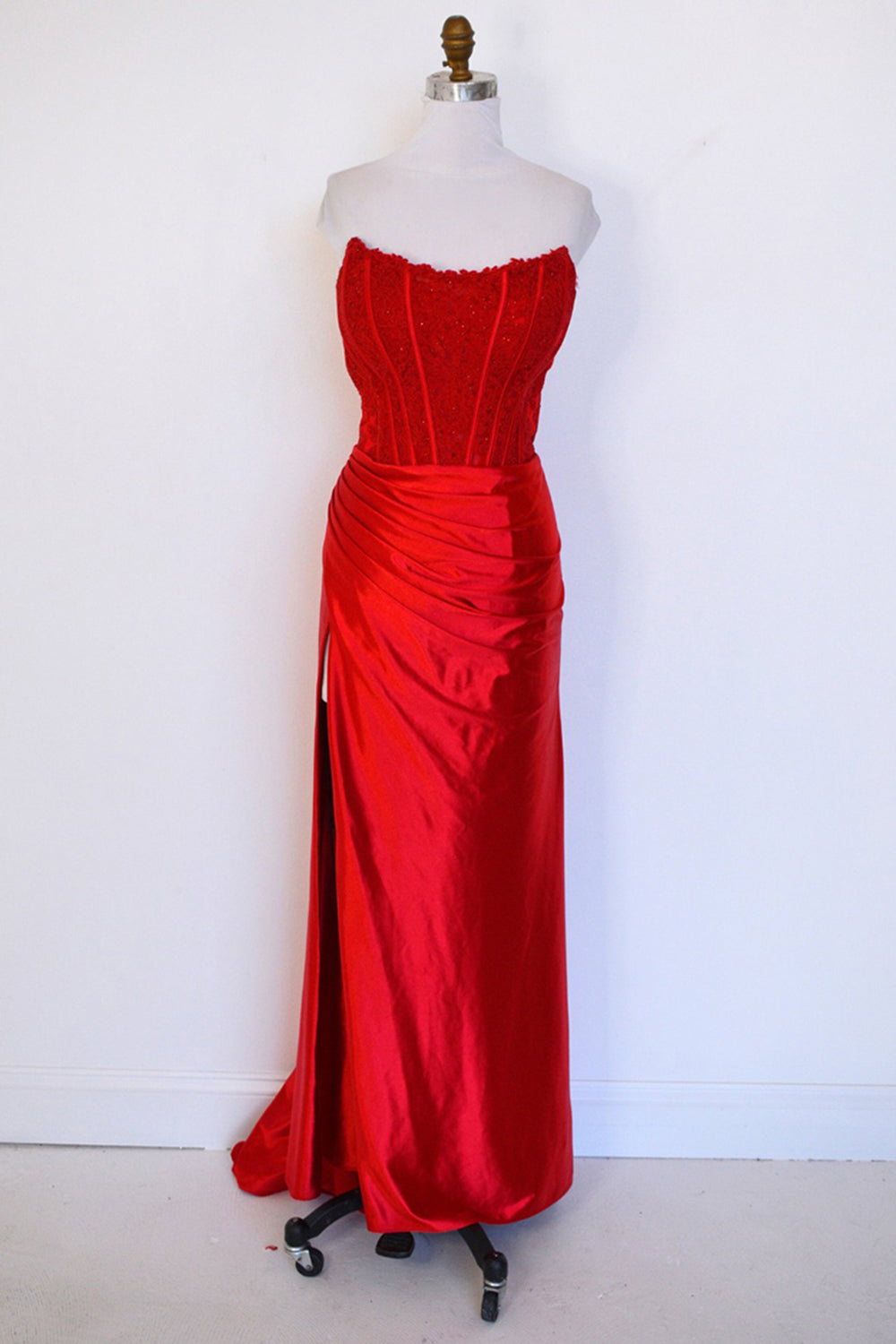 Red strapless applique mermaid prom dress