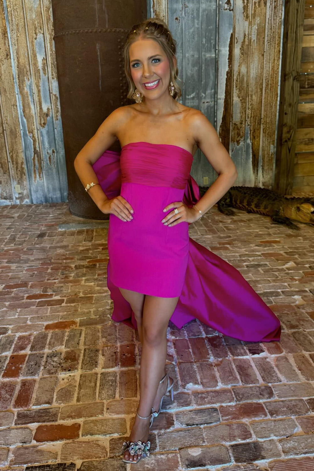 Hot pink strapless bow bodycon homecoming dress