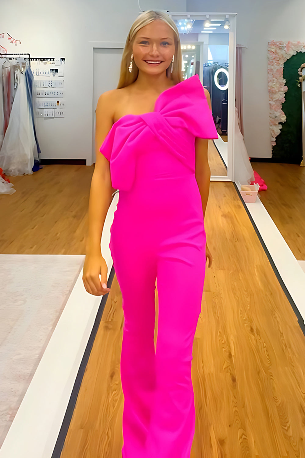 Hot pink one shoulder bow bodycon homecoming dress