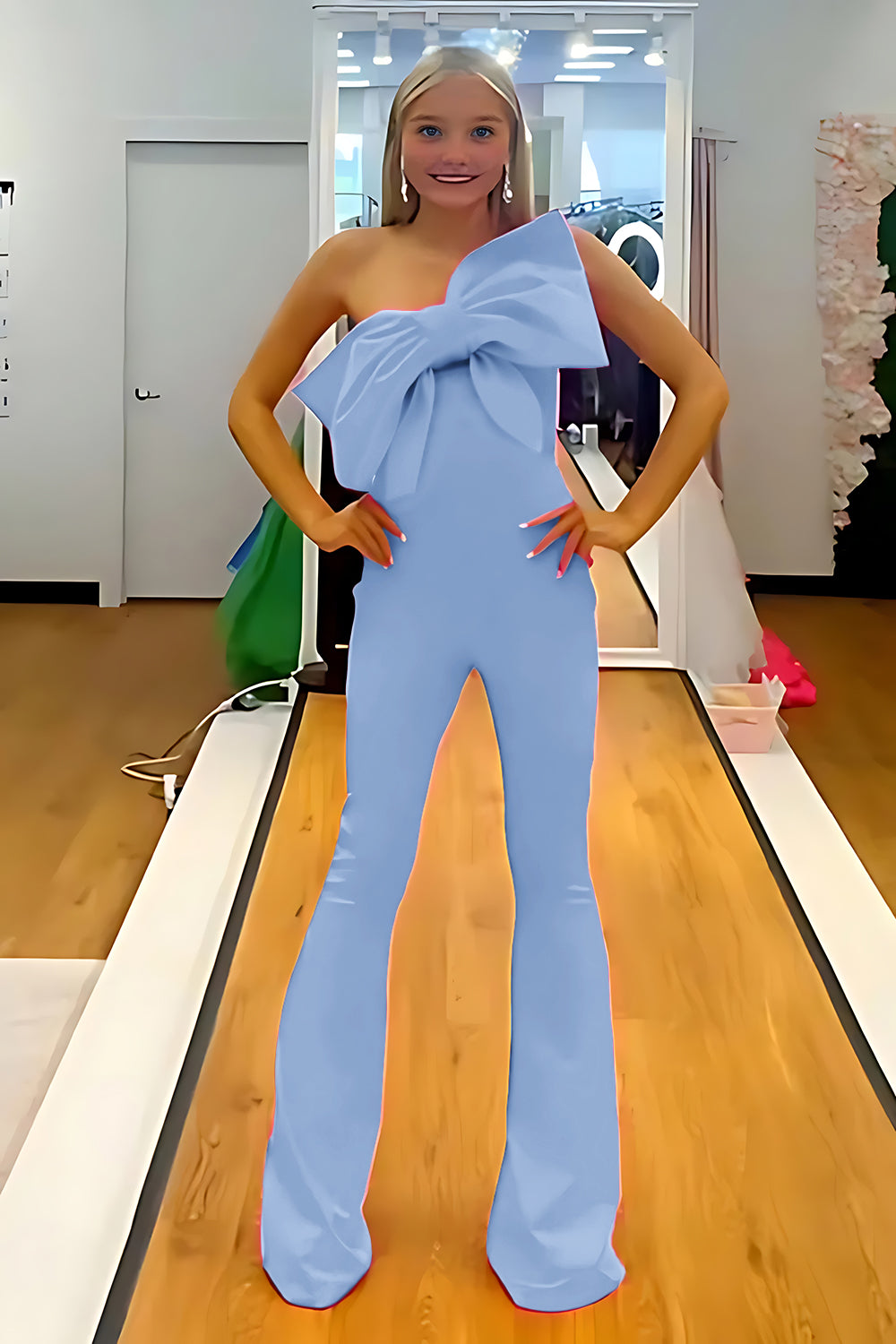 Light blue one shoulder bow bodycon homecoming dress
