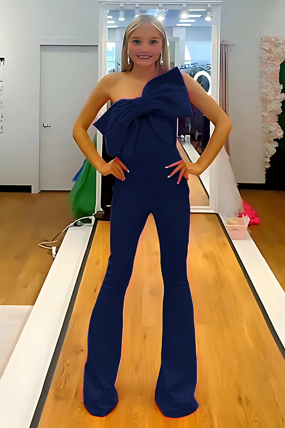 Navy one shoulder bow bodycon homecoming dress