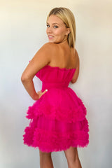 Fuchsia Strapless Scalloped Tulle Multi-Tier Ruffle Bubble A-Line Short Homecoming Dress