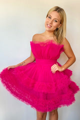 Fuchsia Strapless Scalloped Tulle Multi-Tier Ruffle Bubble A-Line Short Homecoming Dress
