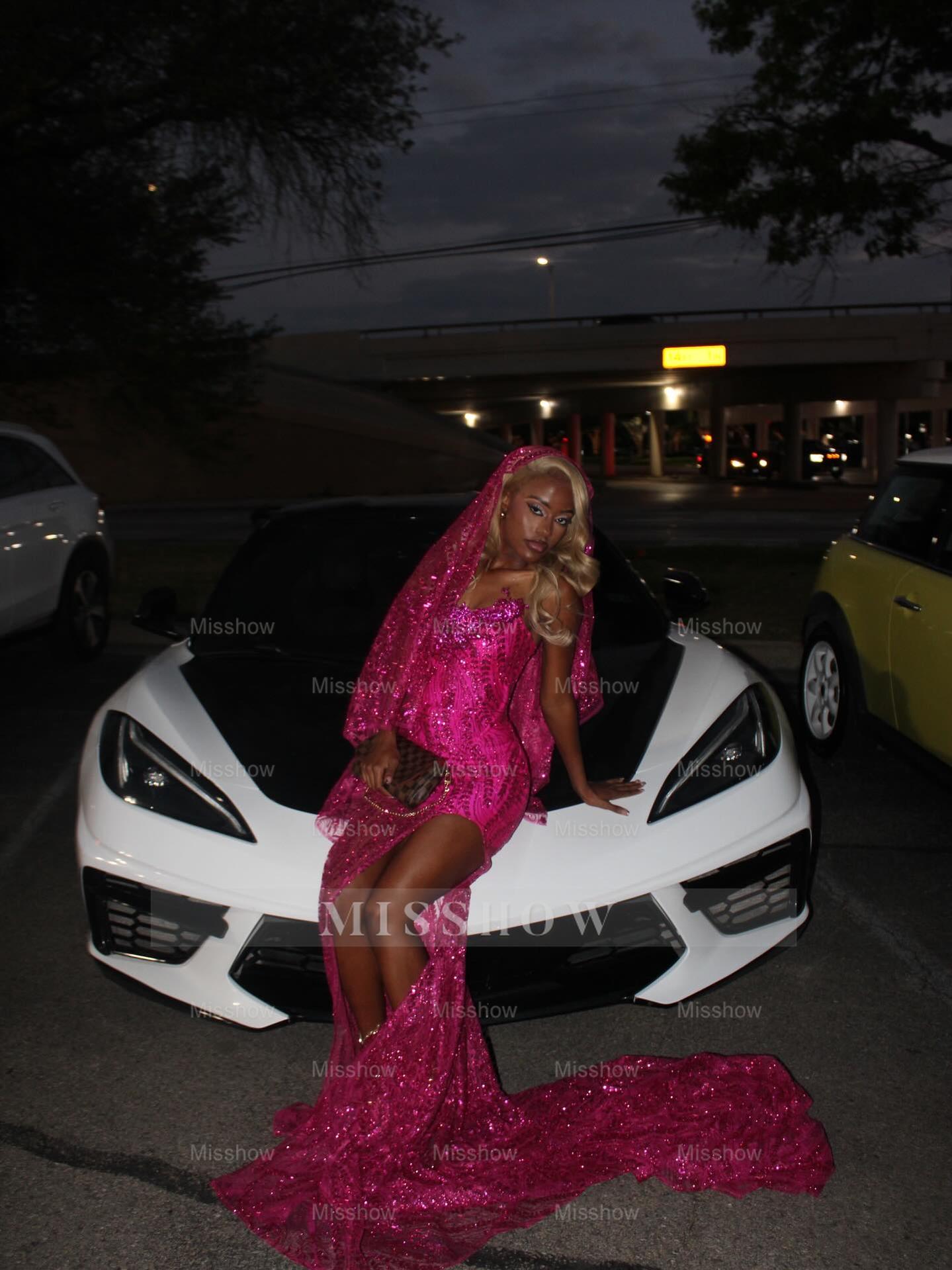 Fuchsia Strapless Sheer Prom Dress Sequin Mermaid Gown with Veil and Slit