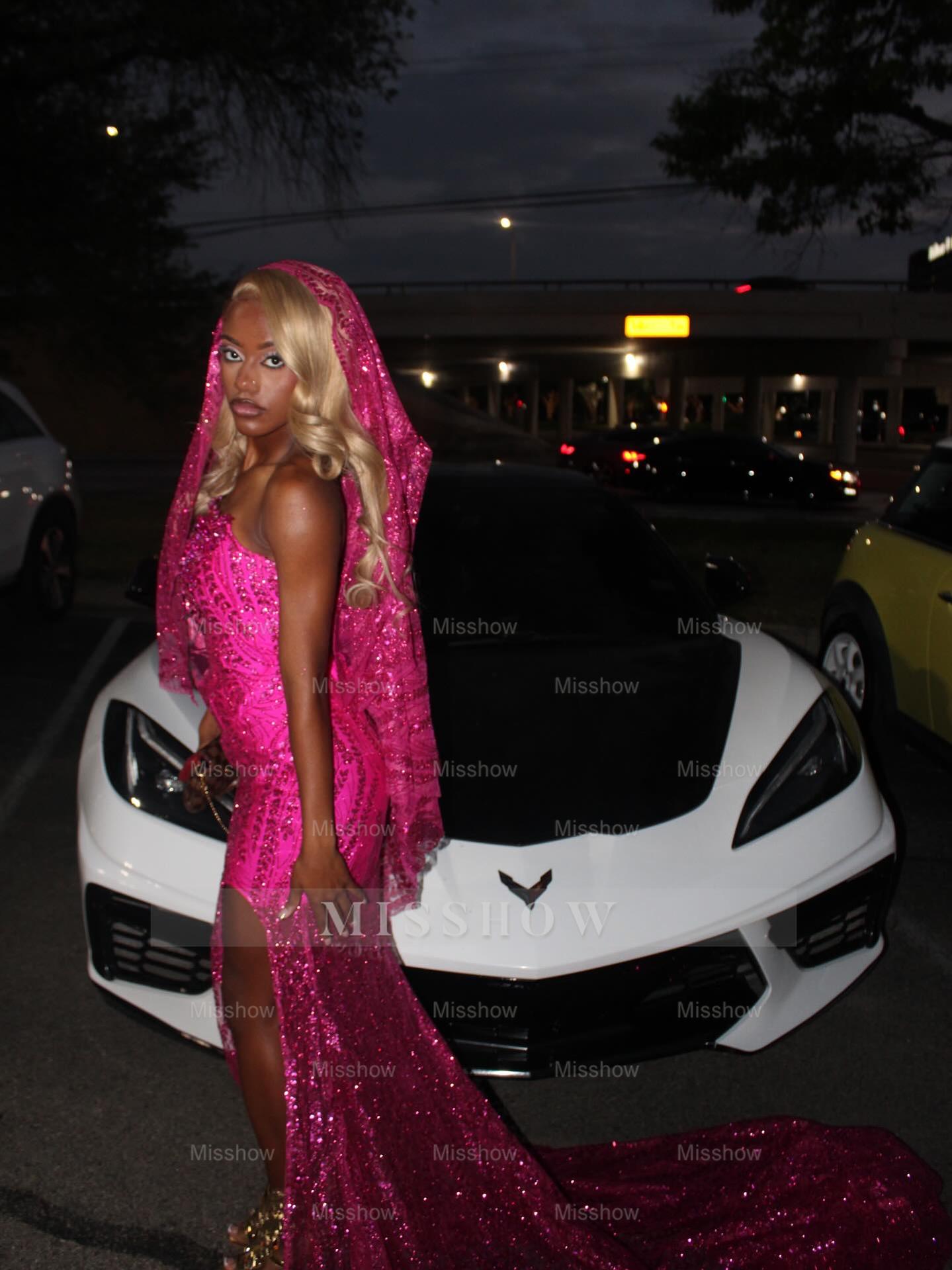 Fuchsia Strapless Sheer Prom Dress Sequin Mermaid Gown with Veil and Slit