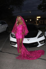 Fuchsia Strapless Sheer Prom Dress Sequin Mermaid Gown with Veil and Slit