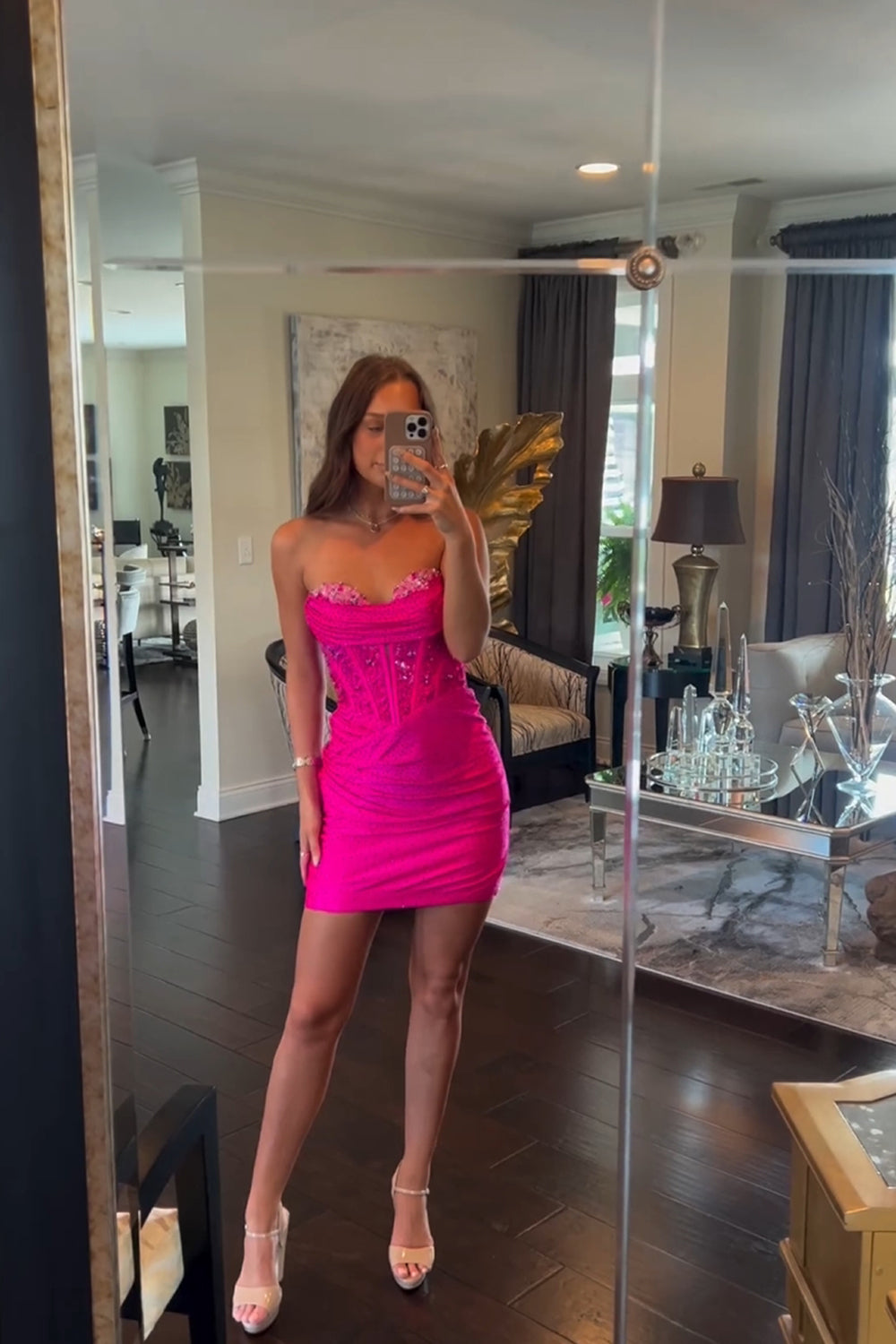 Fuchsia Sweetheart Rhinestone Beading Lace Appliqué Edge Satin Corset Ruched Bodycon Homecoming Dress Mini