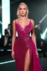 Fuchsia V-Neck Spaghetti Straps Sequined Mermaid Fit Flare High Slit Floor Evening Gown
