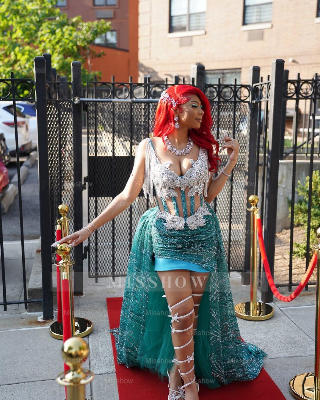 Funky Jade V-Neck Sleeveless High-Low Prom Dress with Rhinestones