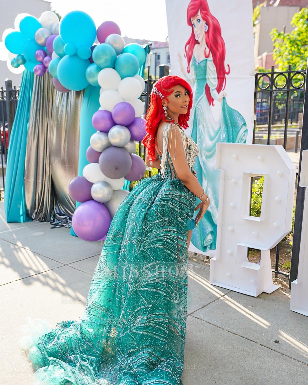 Funky Jade V-Neck Sleeveless High-Low Prom Dress with Rhinestones