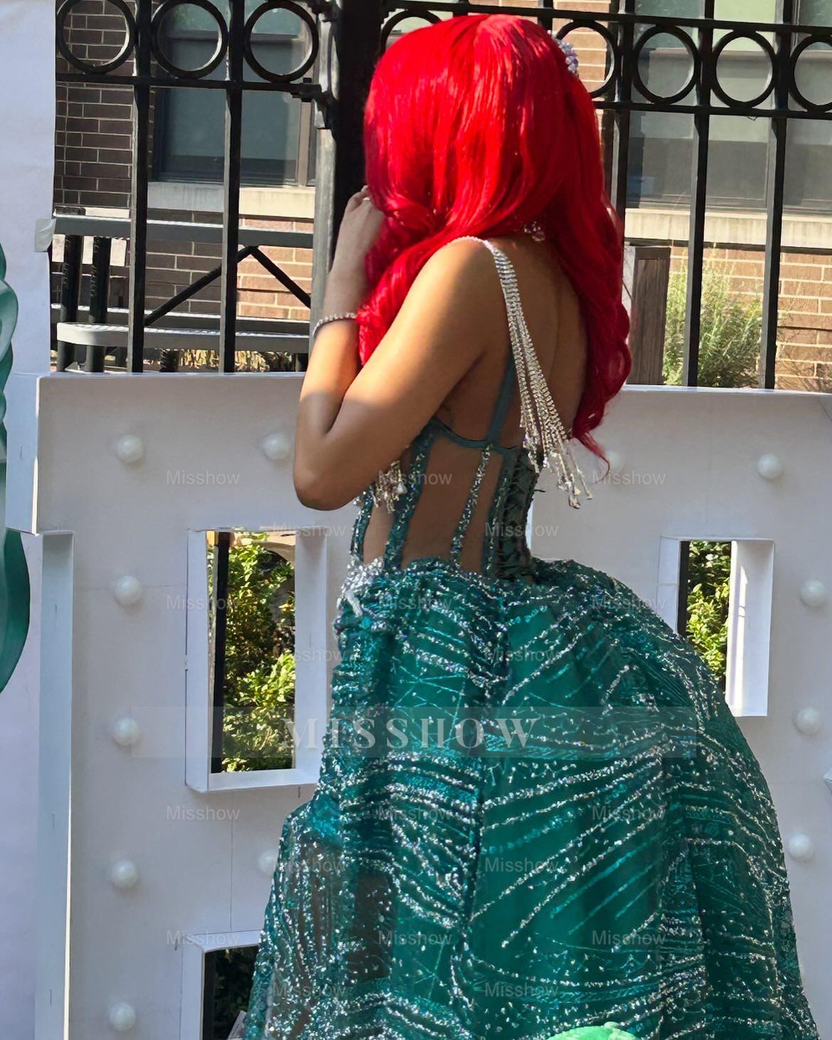 Funky Jade V-Neck Sleeveless High-Low Prom Dress with Rhinestones