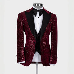 Generous Burgundy Peaked Lapel Three-Piece Sequin Prom Suit