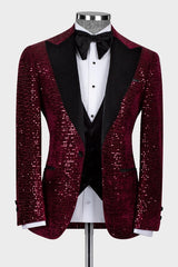 Generous Burgundy Peaked Lapel Three-Piece Sequin Prom Suit