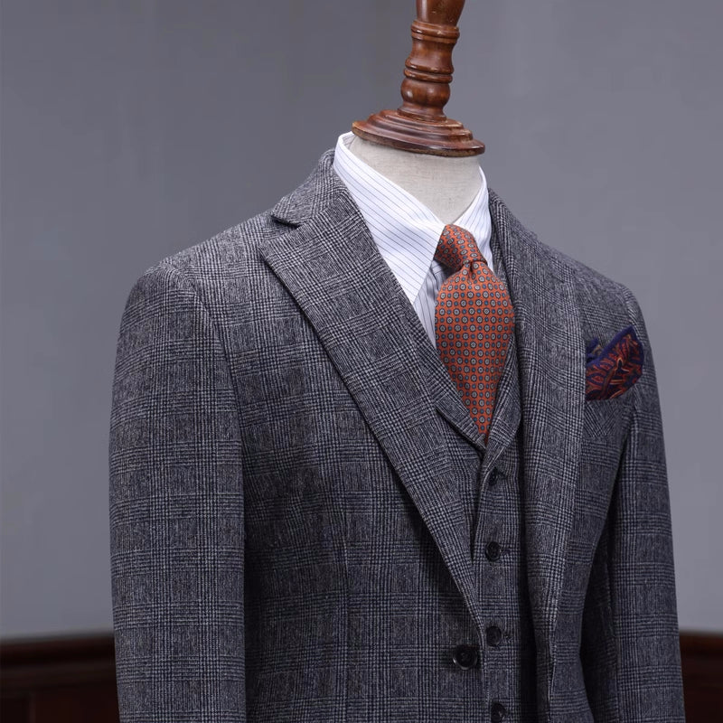 Generous Dark Gray Plaid Notched Lapel Business Suit