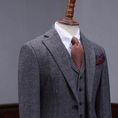 Generous Dark Gray Plaid Notched Lapel Business Suit