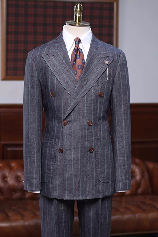 Generous Dark Gray Striped Double Breasted Peaked Lapel Business Suit