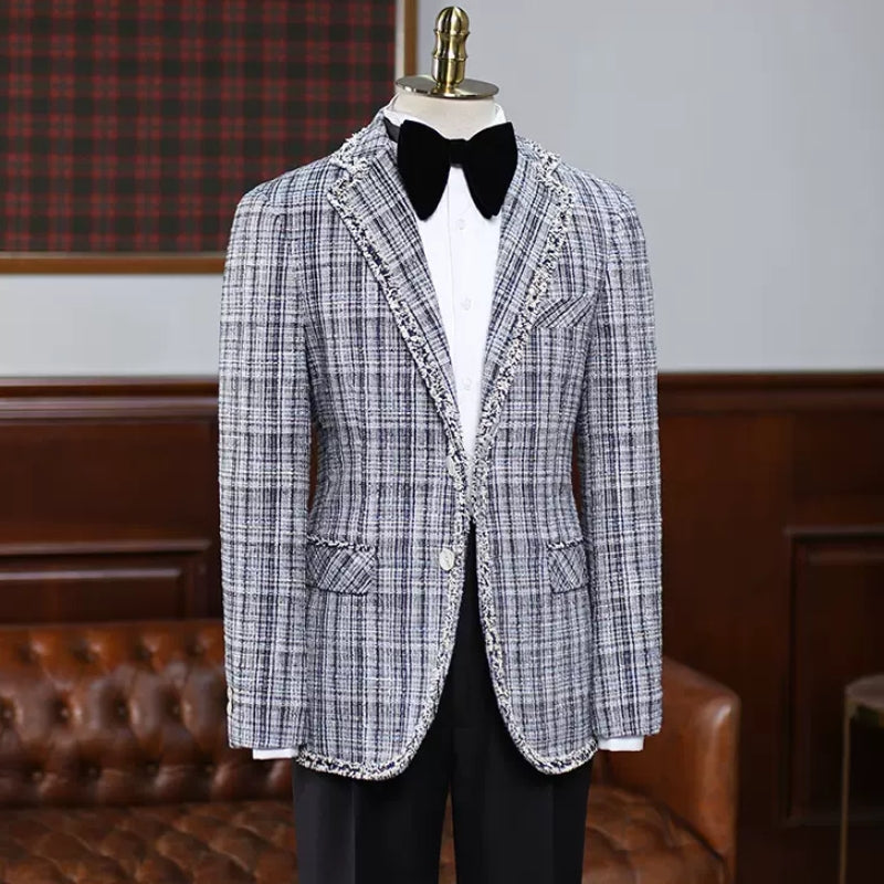Generous Gray Plaid Notched Lapel Men's Prom Suit