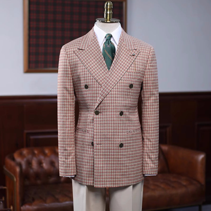 Generous Rufous Double-Breasted Peaked Lapel Plaid Prom Suit