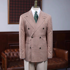 Generous Rufous Double-Breasted Peaked Lapel Plaid Prom Suit