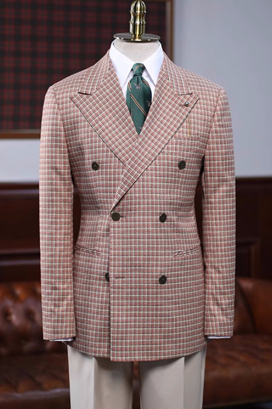 Generous Rufous Double-Breasted Peaked Lapel Plaid Prom Suit