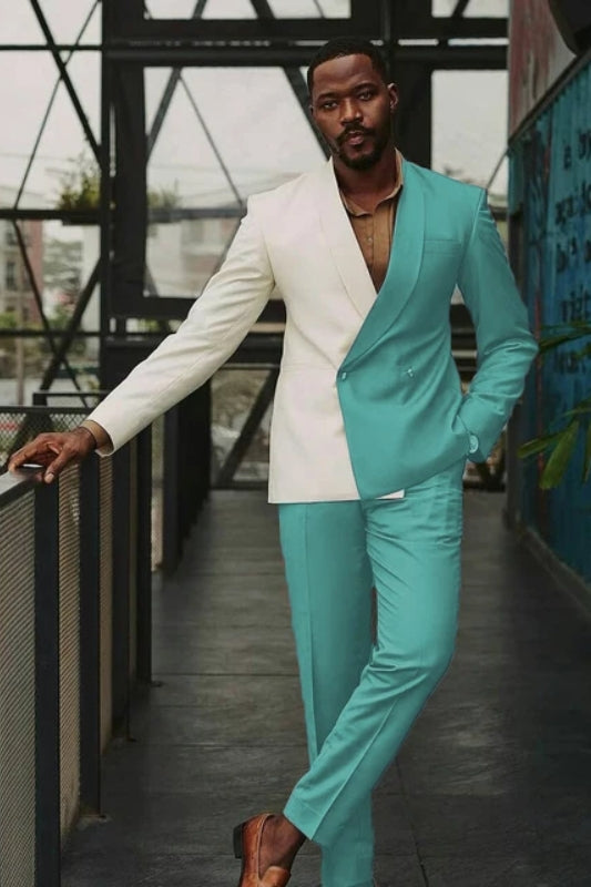 Gentle Teal Shawl Lapel Double Breasted Prom Suit