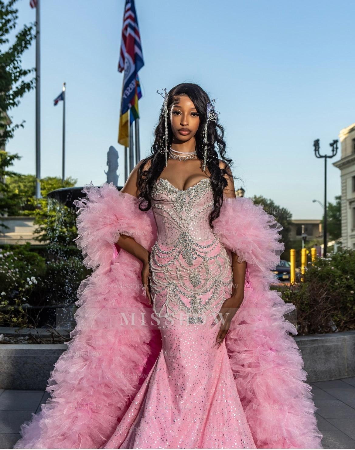 Girly Long Pink Sweetheart Sleeveless Mermaid Sequined Prom Dress with Rhinestones and Detachable Train