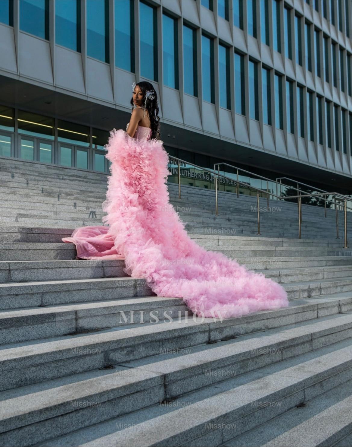 Girly Long Pink Sweetheart Sleeveless Mermaid Sequined Prom Dress with Rhinestones and Detachable Train