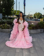 Girly Long Pink Sweetheart Sleeveless Mermaid Sequined Prom Dress with Rhinestones and Detachable Train