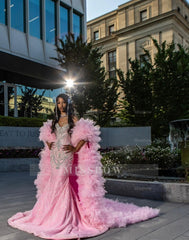 Girly Long Pink Sweetheart Sleeveless Mermaid Sequined Prom Dress with Rhinestones and Detachable Train