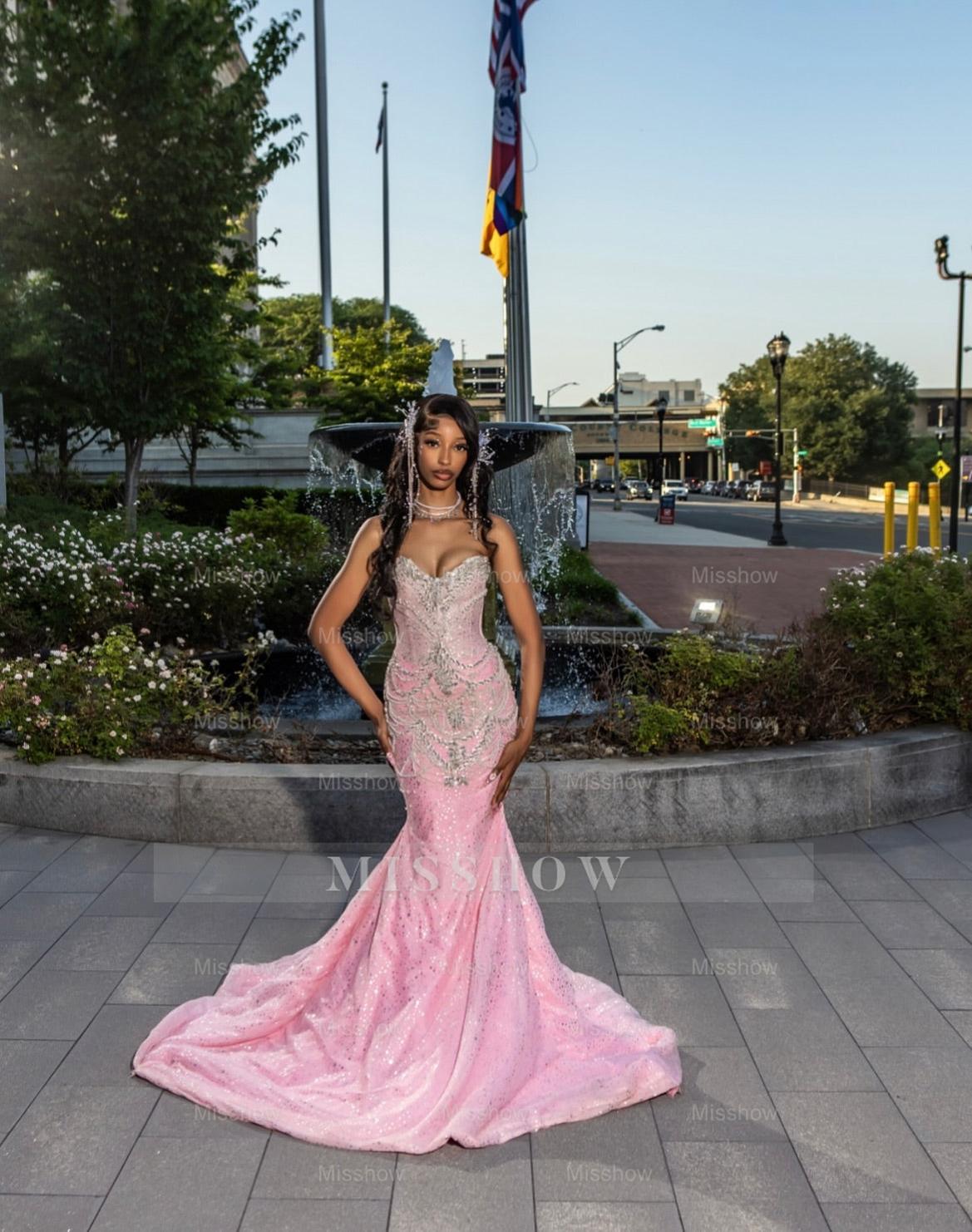 Girly Long Pink Sweetheart Sleeveless Mermaid Sequined Prom Dress with Rhinestones and Detachable Train