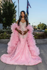 Girly Long Pink Sweetheart Sleeveless Mermaid Sequined Prom Dress with Rhinestones and Detachable Train