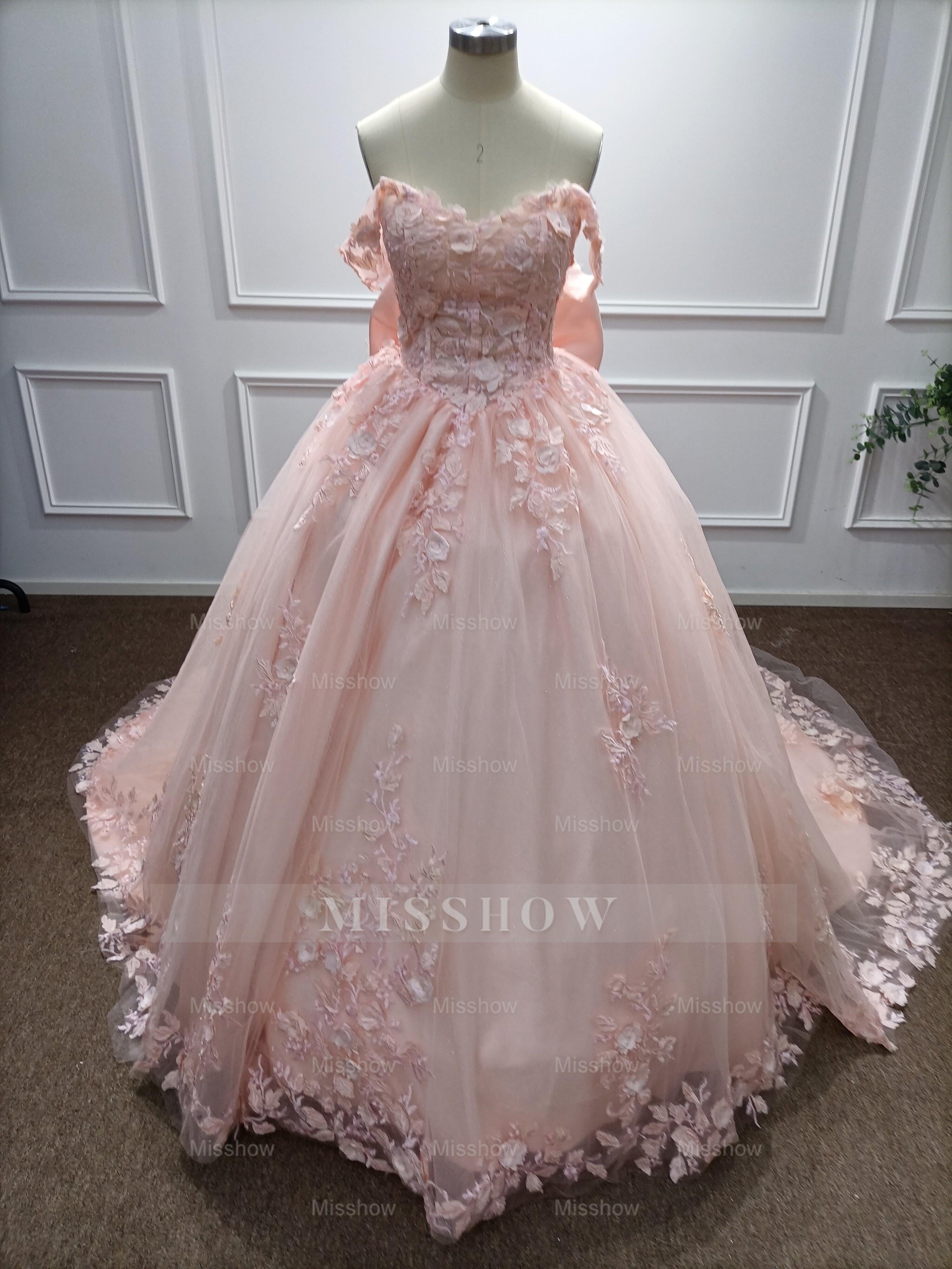 Girly Pink Off-The-Shoulder Lace Ball Gown Prom Dress with Cathedral Train and Bow